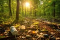 Garbage in beautiful forest. destroyed nature Royalty Free Stock Photo