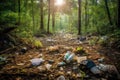 Garbage in beautiful forest. destroyed nature