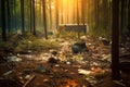 Garbage in beautiful forest. destroyed nature