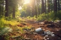 Garbage in beautiful forest. destroyed nature Royalty Free Stock Photo