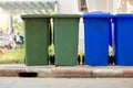 Garbage bin in public park.colorful trash bin.wheelie bin for rubbish,Public trash background, Royalty Free Stock Photo