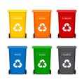 Garbage bin with recycle icon for trash. Container dustbin for paper, plastic, glass, organic, e-waste in flat style.Set of