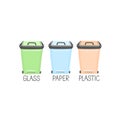 Garbage bins, cans. Recycle. Sorting. Trashcan.Yellow, green, blue containers for plastic, glass, paper