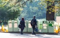 Garbage bins on the city street, Tokyo, Japan. Frame for text.