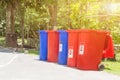 Garbage bins for recycling with recycle colors symbol in the park,Environmental pollution issues