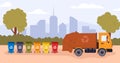 Garbage bins with truck on background of urban landscape, vector illustration. Royalty Free Stock Photo