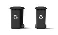 Garbage black trash cans, waste recycle bins. 3d illustration of street container with wheels front and side view with