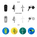 A garbage can, a diseased tree, a wind turbine, a key to a bio car.Bio and ecology set collection icons in black, flat