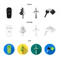 A garbage can, a diseased tree, a wind turbine, a key to a bio car.Bio and ecology set collection icons in black,flat