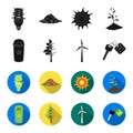 A garbage can, a diseased tree, a wind turbine, a key to a bio car.Bio and ecology set collection icons in black,flet