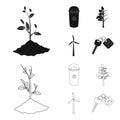 A garbage can, a diseased tree, a wind turbine, a key to a bio car.Bio and ecology set collection icons in black,outline