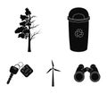 A garbage can, a diseased tree, a wind turbine, a key to a bio car.Bio and ecology set collection icons in black style