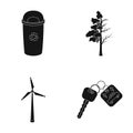 A garbage can, a diseased tree, a wind turbine, a key to a bio car.Bio and ecology set collection icons in black style
