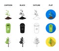 A garbage can, a diseased tree, a wind turbine, a key to a bio car.Bio and ecology set collection icons in cartoon,black