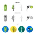 A garbage can, a diseased tree, a wind turbine, a key to a bio car.Bio and ecology set collection icons in cartoon,flat