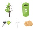 A garbage can, a diseased tree, a wind turbine, a key to a bio car.Bio and ecology set collection icons in cartoon style