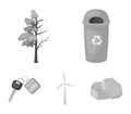 A garbage can, a diseased tree, a wind turbine, a key to a bio car.Bio and ecology set collection icons in monochrome
