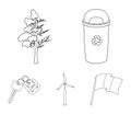 A garbage can, a diseased tree, a wind turbine, a key to a bio car.Bio and ecology set collection icons in outline style