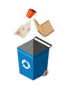 Garbage can for sorting. Recycling elements. Colored waste bin with paper trash. Separation of waste on garbage can