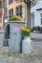 Garbage can and zinc bucket with flowers Royalty Free Stock Photo