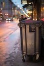 Garbage cans and street lights in urban city, evening Royalty Free Stock Photo