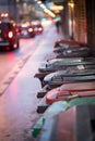 Garbage cans and street lights in urban city, evening Royalty Free Stock Photo