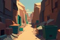 Garbage Canyon: narrow alley filled with garbage cans and dumpsters, creating canyon of trash AI generation