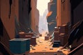 Garbage Canyon: narrow alley filled with garbage cans and dumpsters, creating canyon of trash AI generation