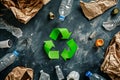 Garbage circle. Different types of garbage around the recycling symbol