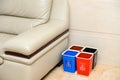 Garbage classification bins near sofa in parlour at home translation-blue characters means recyclable garbage red one means