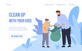 Garbage collecting parents and children cleanup together landing page vector flat illustration