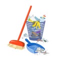 Garbage collection, broom, shovel, bucket Royalty Free Stock Photo
