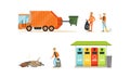 Garbage Collection and Remove Set, Orange Garbage Truck and Workers Street Cleaners Cartoon Vector Illustration