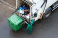 Garbage collection worker in residential area operating garbage truck