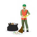 Garbage collector and trash bag with garbage. Cartoon Male worker character in uniform