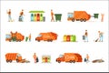 Garbage Collector At Work Set Of Illustrations With Smiling Recycling And Waste Collecting Worker