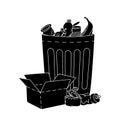 Garbage container with unsorted trash. Plastic, glass, metal, paper, organic waste illustration. Black garbage metal can