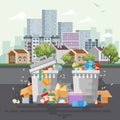 Garbage container vector illustration in modern design. Trash can set with rubbish.