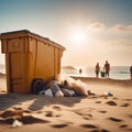 Garbage containers installed on beach. Trash cans, bins. Global campaign against environmental pollution, trash Royalty Free Stock Photo