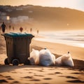 Garbage containers installed on beach. Trash cans, bins. Global campaign against environmental pollution, trash Royalty Free Stock Photo