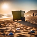 Garbage containers installed on beach. Trash cans, bins. Global campaign against environmental pollution, trash Royalty Free Stock Photo