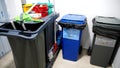 Garbage containers, recycling bins and cleaning materials