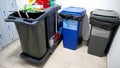 Garbage containers, recycling bins and cleaning materials