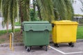 Garbage containers in the street under a palm tree