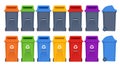 Garbage containers and types of trash. Recycle, recycled paper, food, waste, e-waste, organic, paper, metal. Vector