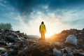 Garbage degradation Engineer confronts a mountain of waste pollution Royalty Free Stock Photo