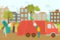 Garbage disposal at street, removal container with waste vector illustration. Worker refuse bin at truck, recycling