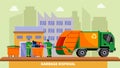 Garbage disposal recycling concept vector illustration. Waste truck removal dustcart, dumpsters and two scavengers