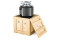 Garbage disposal unit inside wooden box, delivery concept. 3D rendering