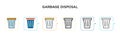 Garbage disposal vector icon in 6 different modern styles. Black, two colored garbage disposal icons designed in filled, outline, Royalty Free Stock Photo